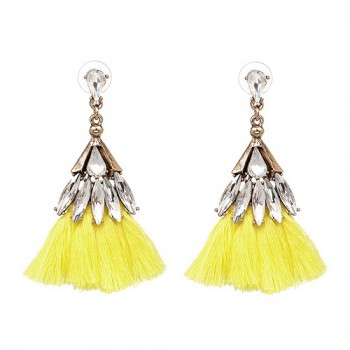 Neon Yellow Tassel Crystal Drop Statement Earrings